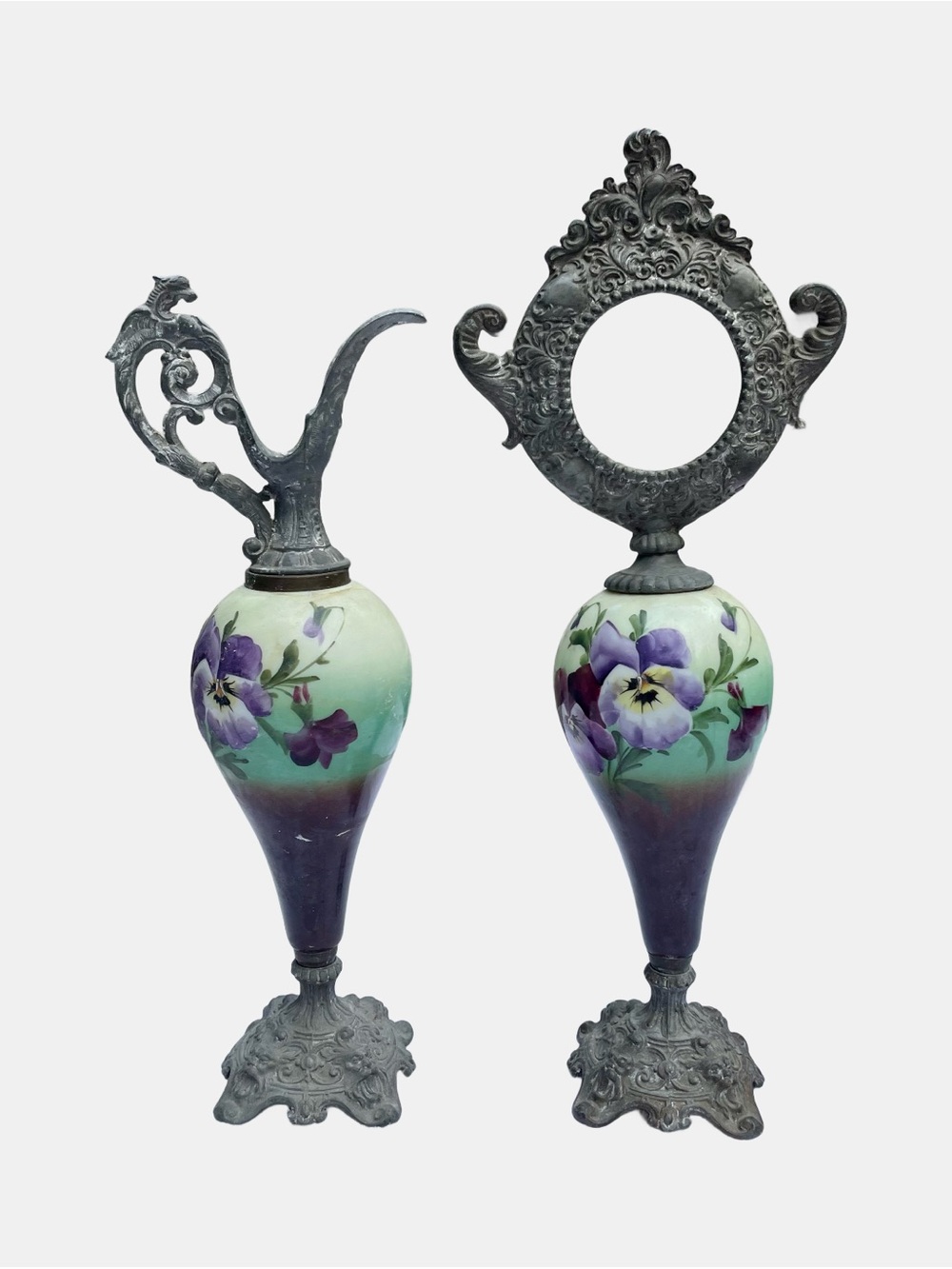 Antiqueโ Victorian Ewers Pitcher Clock Holder Pair Gargoyles Handpainted Flowers